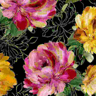 Felicity - Large Metallic Peonies on Black by Timeless Treasures