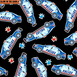 Save the Day - Police Cars on Black/Glow in the Dark Fabric by Kanvas Studio Benartex