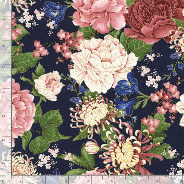 Sakura Chrysanthemums and Peonies Navy 