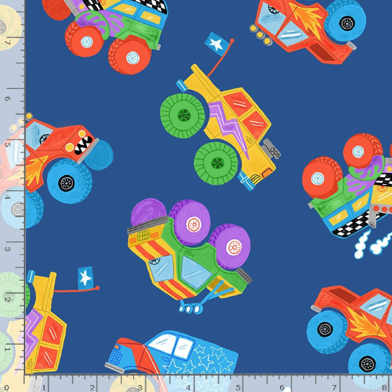 Cute Toy Tossed Monster Trucks Fabric