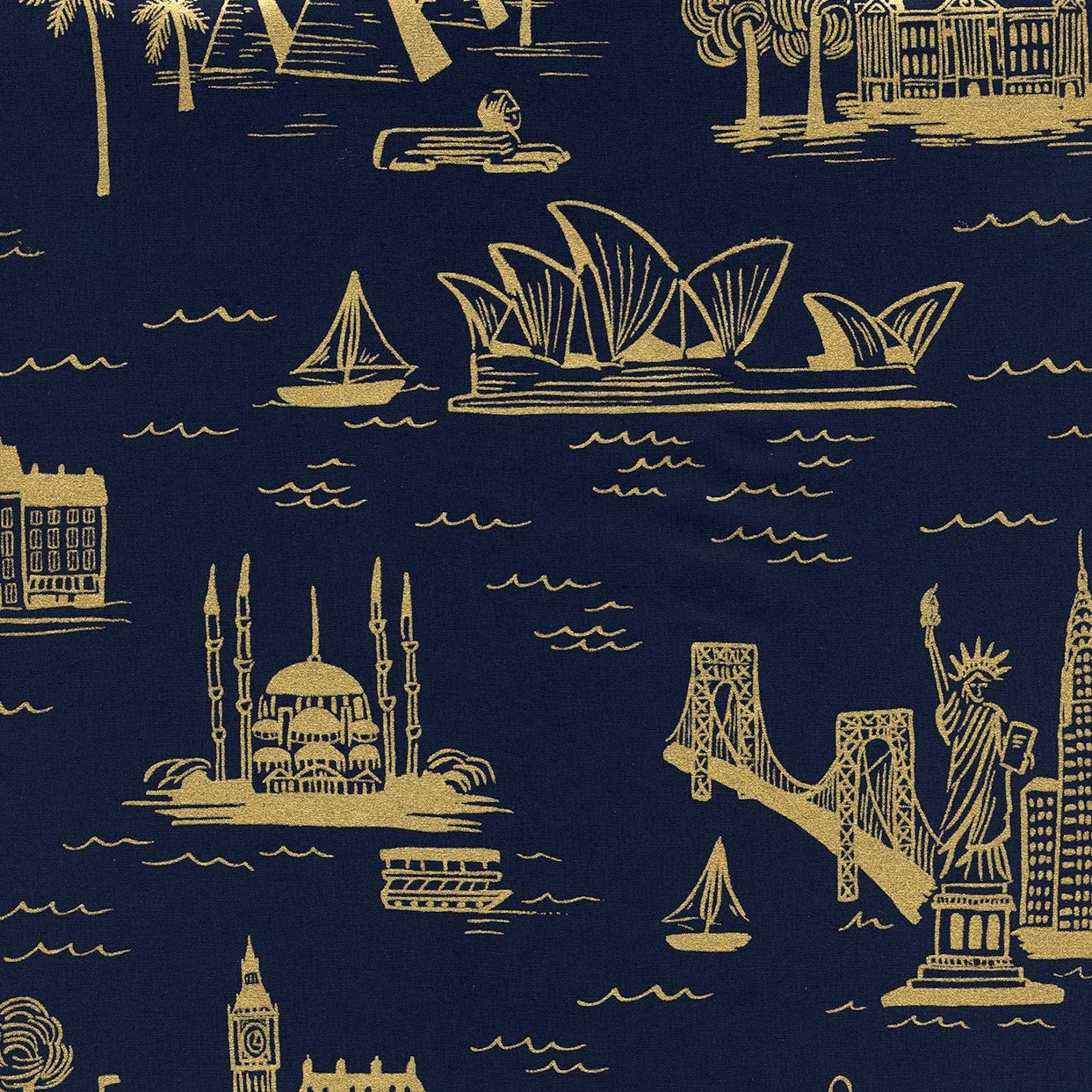 Les Fleurs City Toile - Navy Cotton Lawn Metallic Fabric by Rifle Paper Co. 