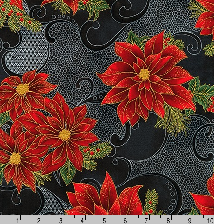 Holiday Flourish 12 Gold Metallic Florals on Black by Robert Kaufman