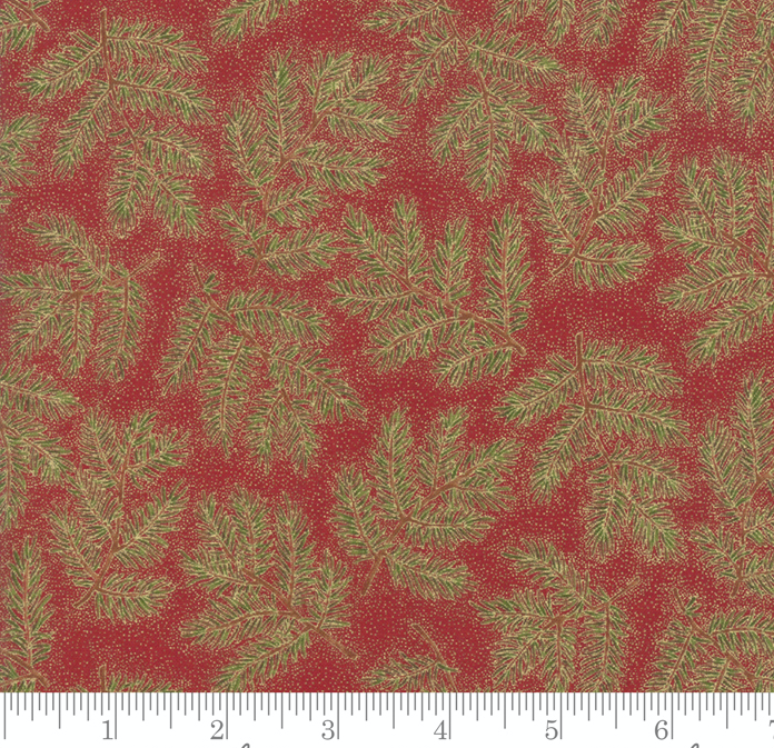 Cardinal Song Metallic Pine Branches Crimson by Moda |Holiday Fabric