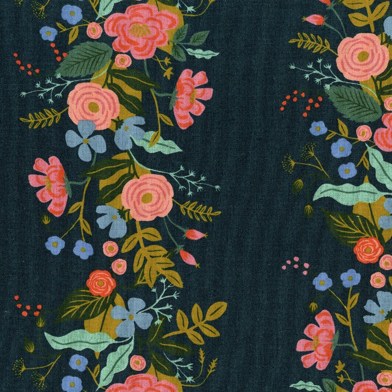 English Garden - Floral Vines Navy Canvas Yardage