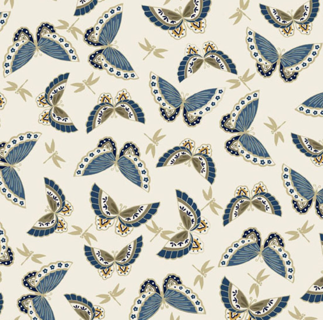 Japanese Garden - Blue Butterflies Yardage