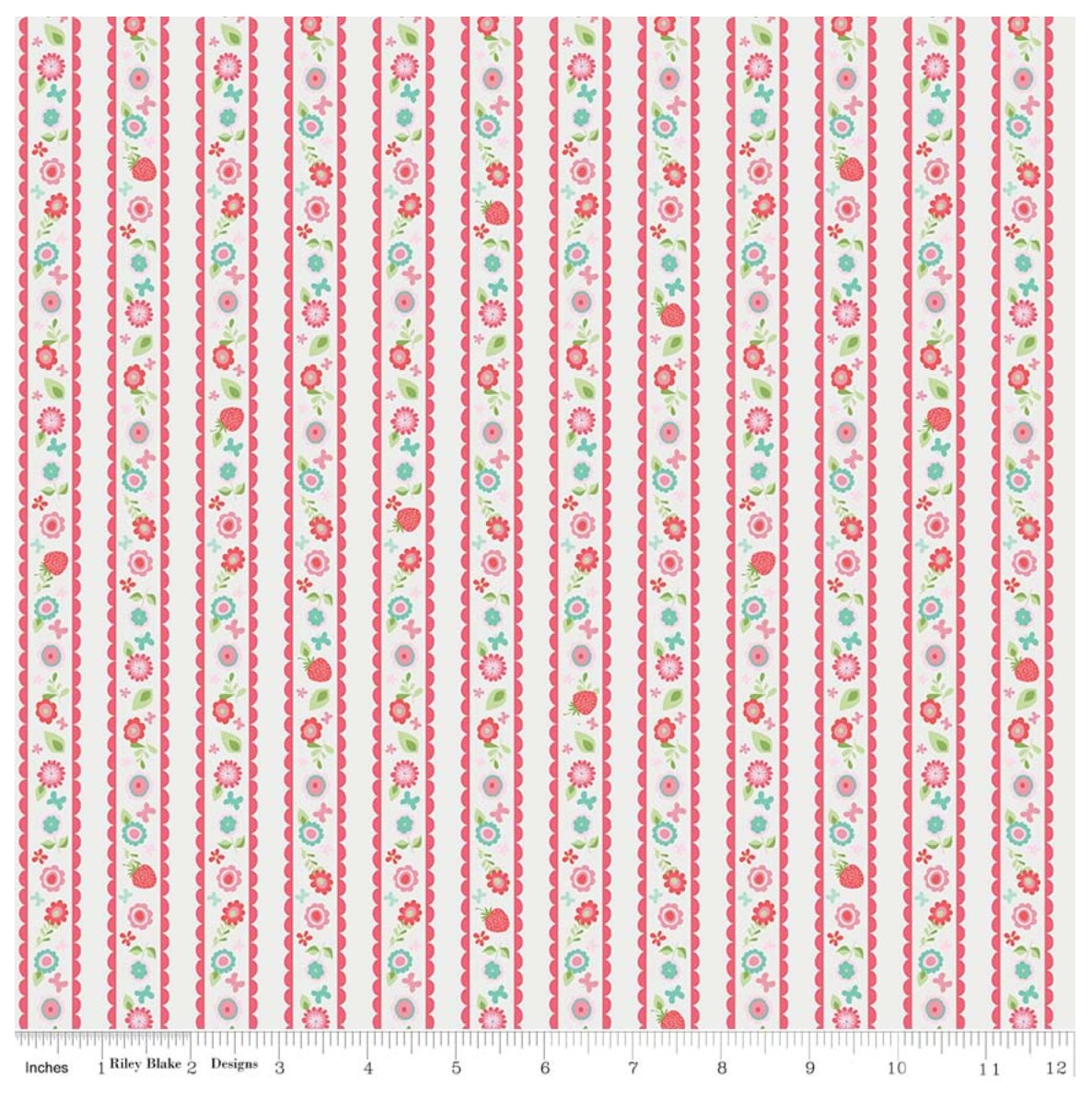 Butterflies and Berries - Floral Stripe on White