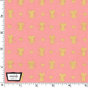 Fat Quarter - Glitter Critters - Nice Mice Bubblegum/Gold Glitter