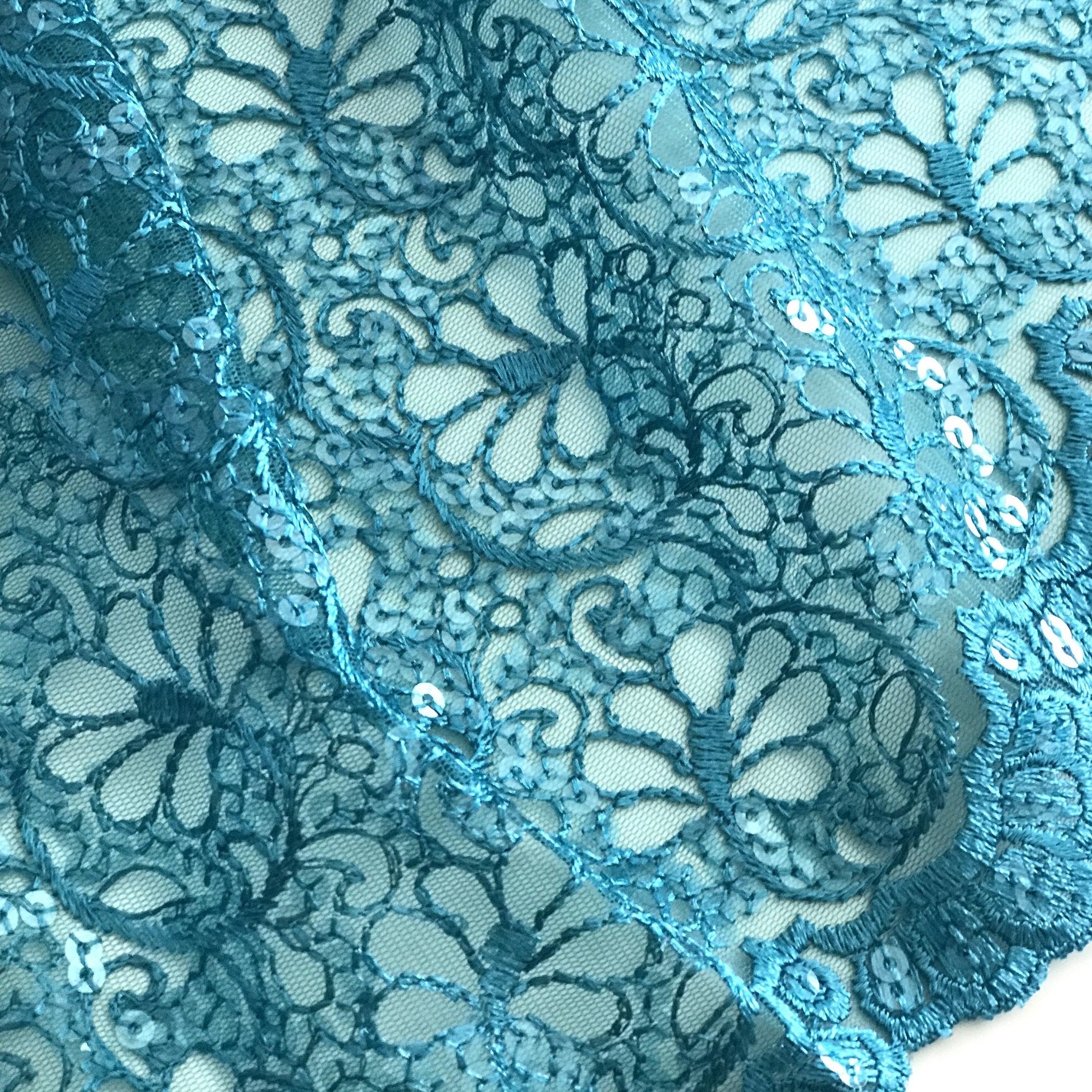 Teal Embroidered Net Fabric Embellished with Sequins