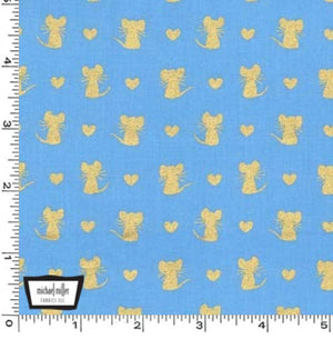 Fat Quarter - Glitter Critters - Nice Mice Cornflower/Gold Glitter