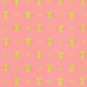 Fat Quarter - Glitter Critters - Nice Mice Bubblegum/Gold Glitter