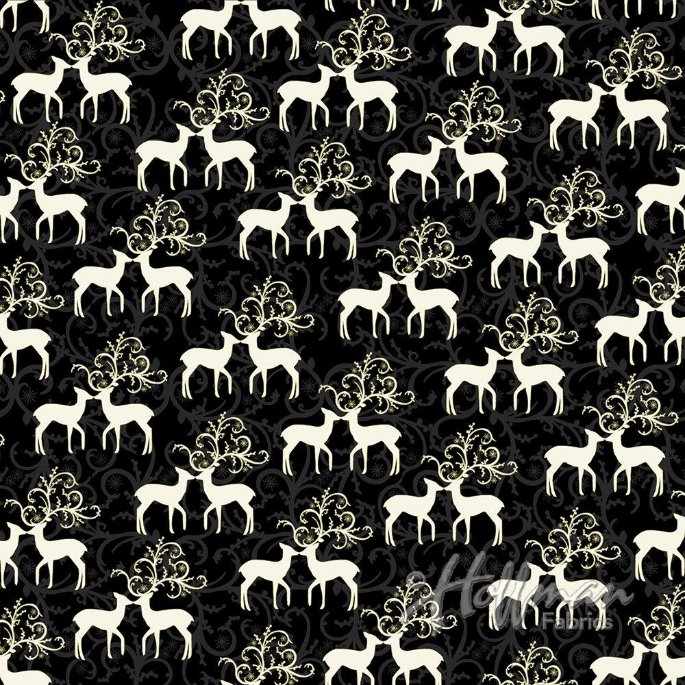 Oh What Fun - Gold Metallic Accent on Black Yardage