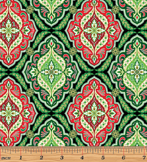 Merry & Bright - Holiday Medallion Green/Red/Gold Metallic Yardage