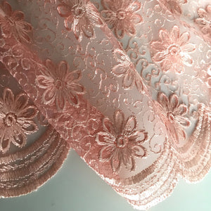 Peach Embroidered Net Fabric - Scalloped Edges