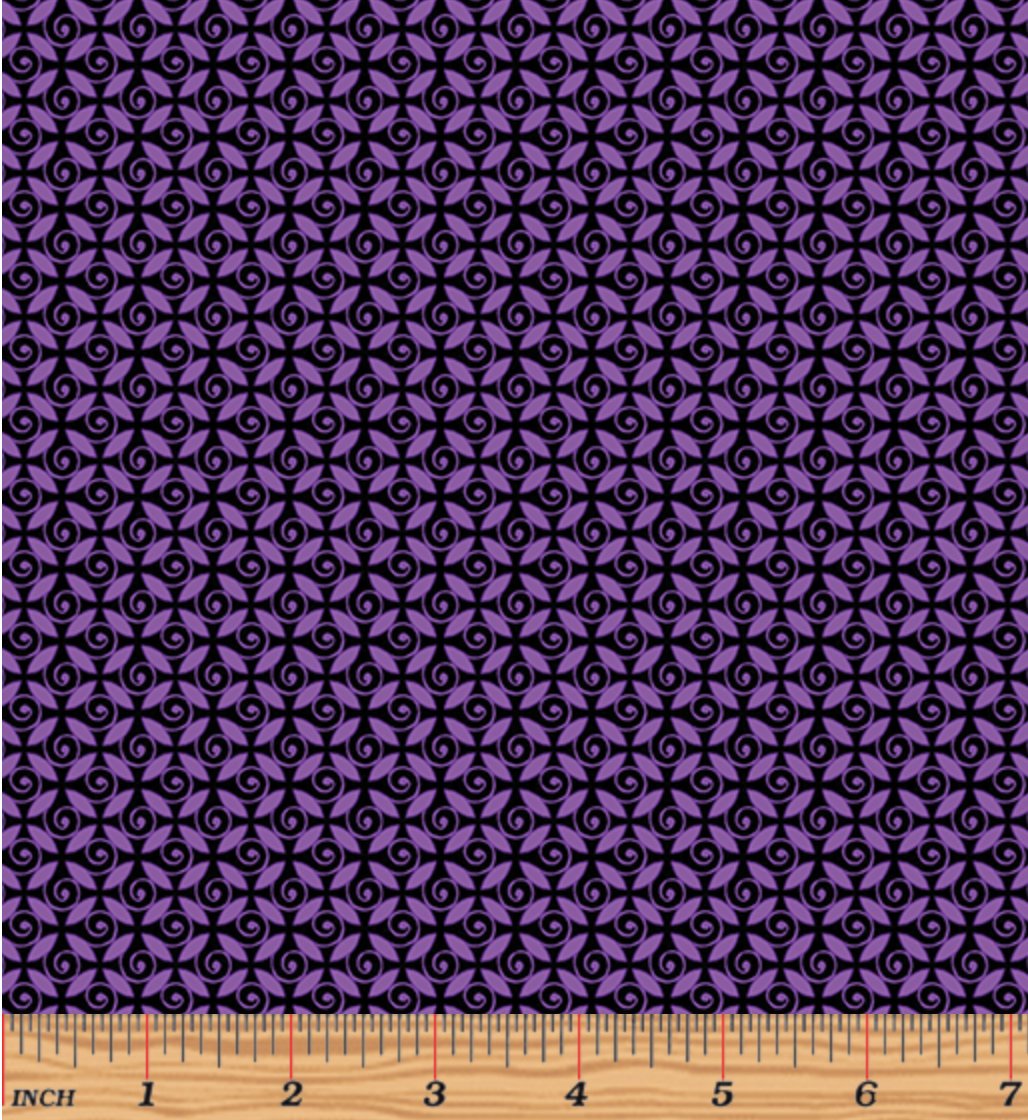 Fat Quarter - Pansy Noir - Curly Buds Purple Metallic Gold