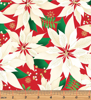 Merry & Bright - Elegant Poinsettias Red/Gold Metallic Yardage