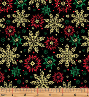 Merry & Bright - Elegant Snowflakes Black/Gold Metallic Yardage